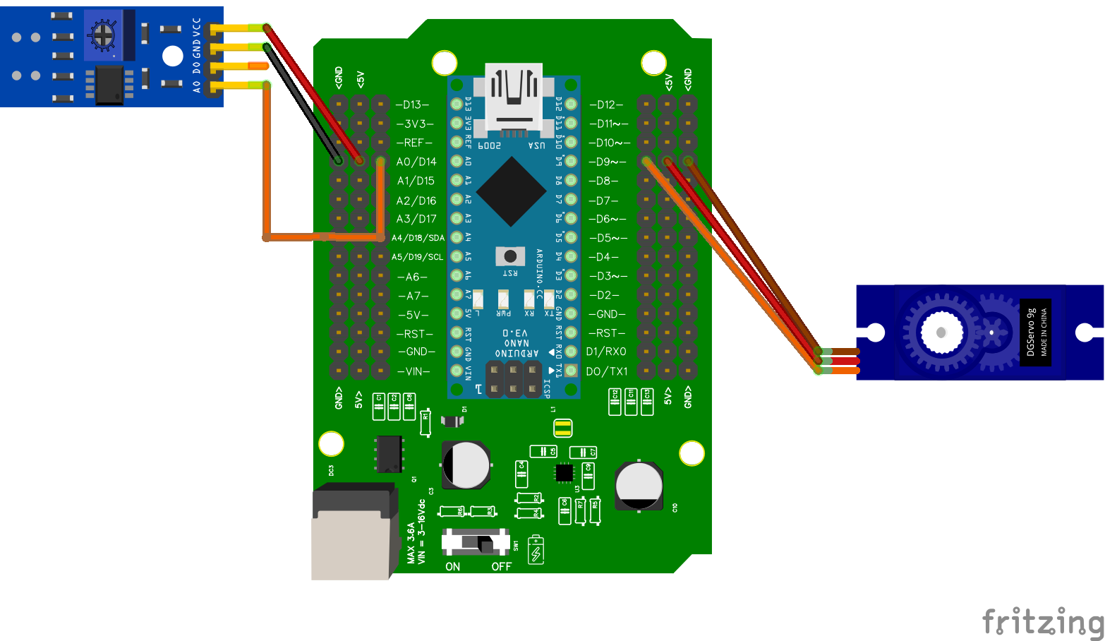 Fritzing-bedradingsschema van de Click Golfer: linksboven de infraroodsensor en rechts de servomotor, allebei aangesloten op het Arduino Nano-shield.
