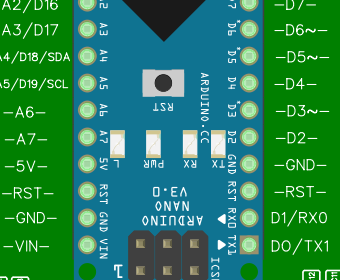 Uitsnede van de blauwe Arduino Nano op het shield: in het midden het kleine grijze knopje, met RST eronder.