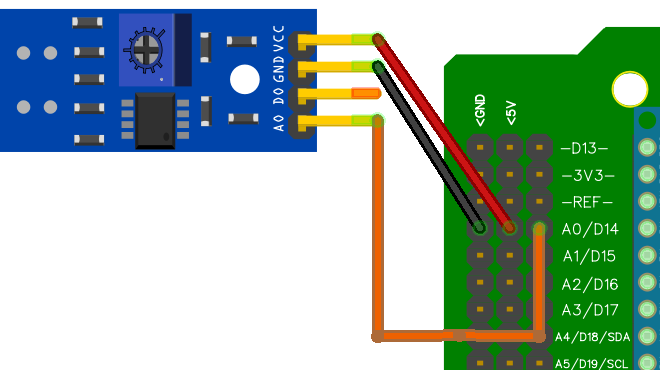 Uitsnede van het schema: de blauwe sensor linksboven, met de rode draad naar 5V, de zwarte naar GND en de oranje naar het signaal van A0 op het shield. De pin D0 van de sensor blijft leeg.